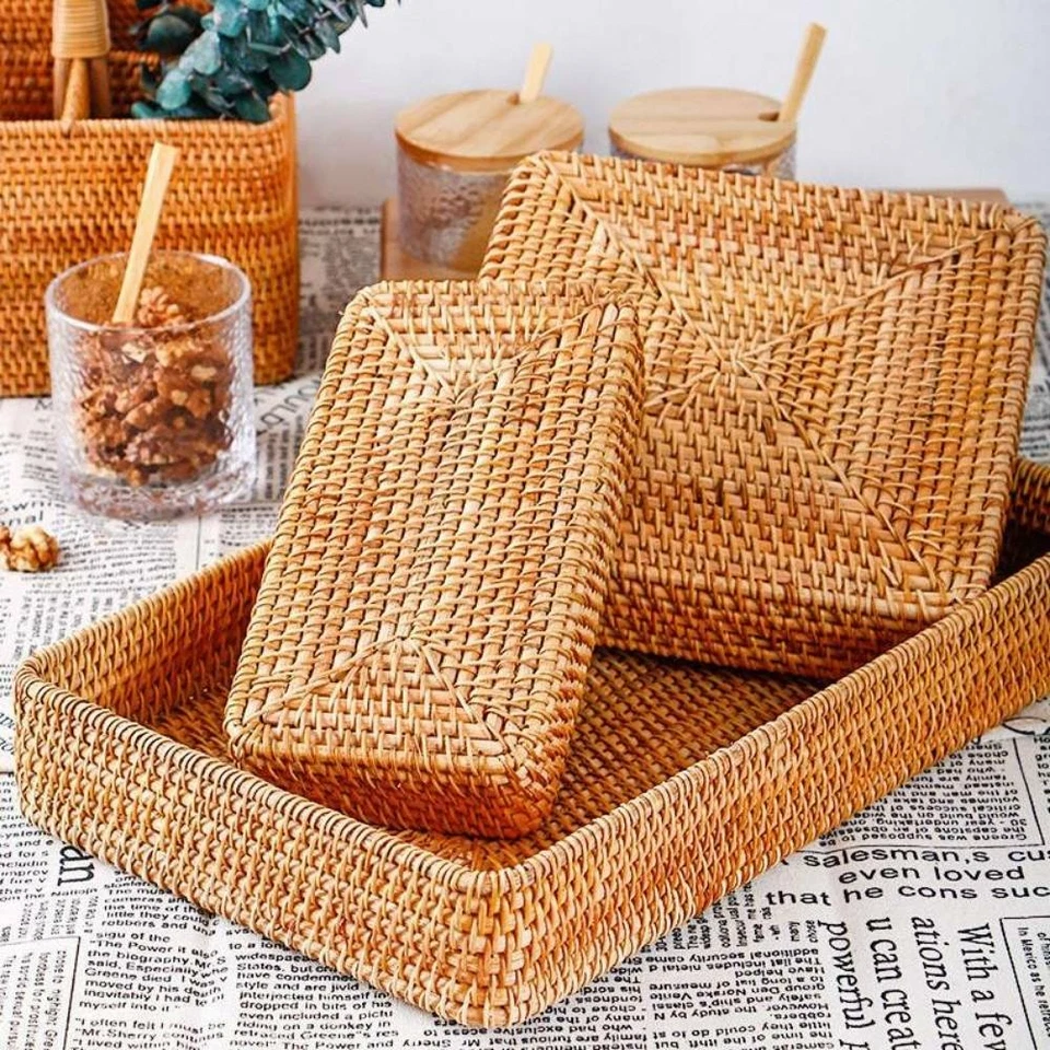 Rectangle Rattan Serving Tray, Hand Woven Wicker Storage Organizer Basket Tray - Image 4 of 4