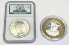 NGC Binion Hoard 1922 Peace Silver Dollar + $10 2001 .999 Horseshoe Gaming Token