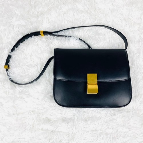 Celine Classic Box Medium Shoulder Bag Black Leather Gold Hardware