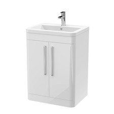 Bathroom 2 Soft Close Door Floor Vanity Unit & Ceramic Basin, Gloss White, 610mm