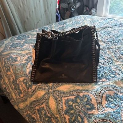 Michael Kors Mina Small Black Leather Woven Chain Logo Crossbody Handbag