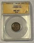 1958 D Lamination ERROR Lincoln Wheat Cent MS62 Brown ANACS