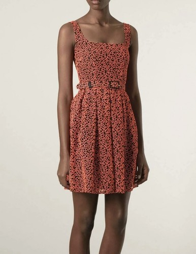 CHRISTOPHER KANE Broderie Anglaise Skater Dress Orange Black Belt Lined Size 10 - Picture 2 of 24