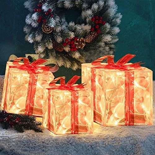 Juego de 3 Cajas de Regalo Navidad 60 Iluminadas LED, Transparente Blanco Cálido Iluminado Foto 3 de 4
