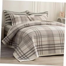 Cotton Plaid Quilt Set, Ultra Soft 3 KING/CAL.KING 108"x96" Grid-grey White