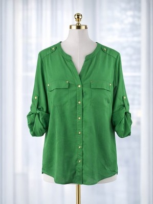 Charter Club Button Up Top Sz 0X Lightweight Kelly Green Roll Tab Sleeve Career