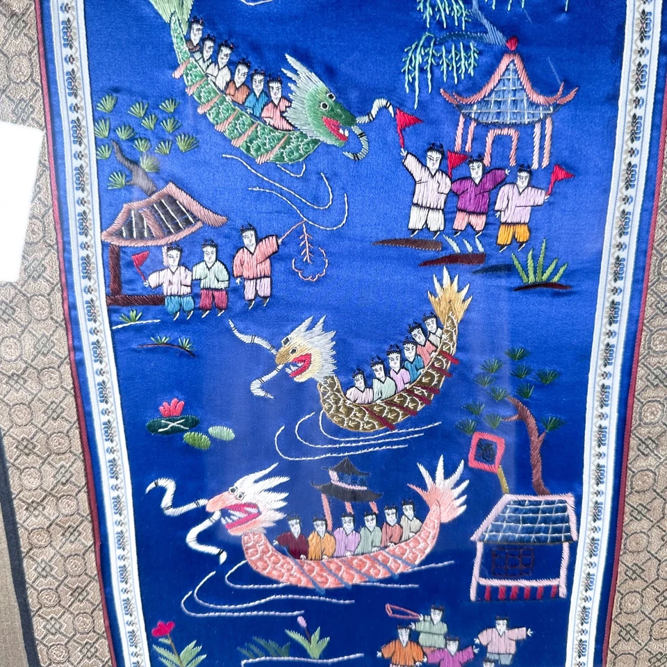 Vintage Framed Chinese Silk Embroidery Art Dragon Boats, 12" x 25" Nice - Image 4 of 4