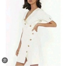 Nasty Gal Dress Beige Size 8 Tie Sleeve Buttons V-neck