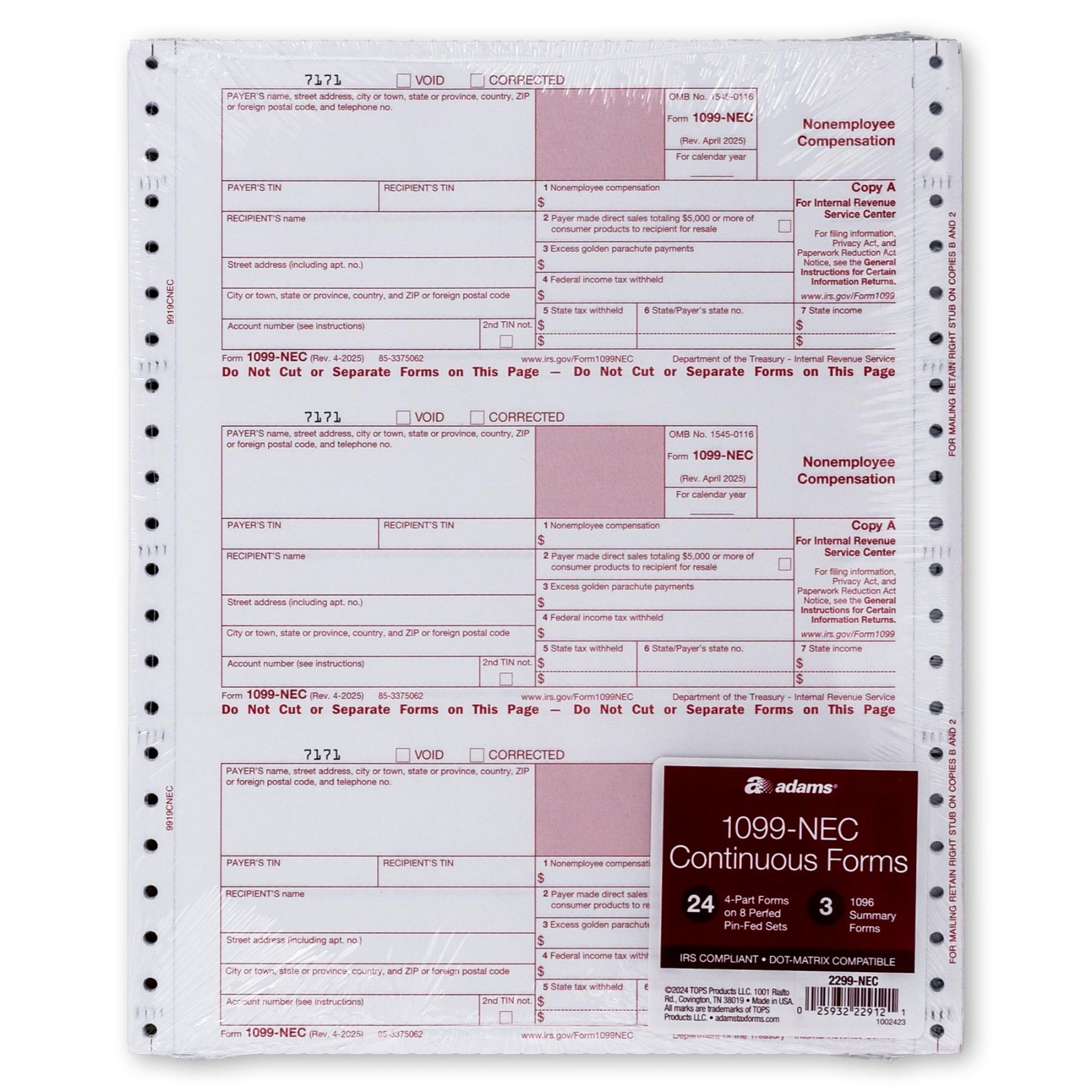 2025 Adams 2299-NEC 1099-NEC Continuous Tax Forms 4-Part for 24 ...