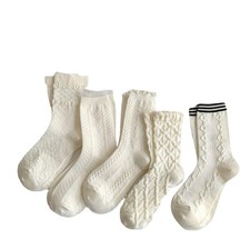 5 Pair Cute Beige Ruffle Frilly Rib Knit Crew Socks - One Size,