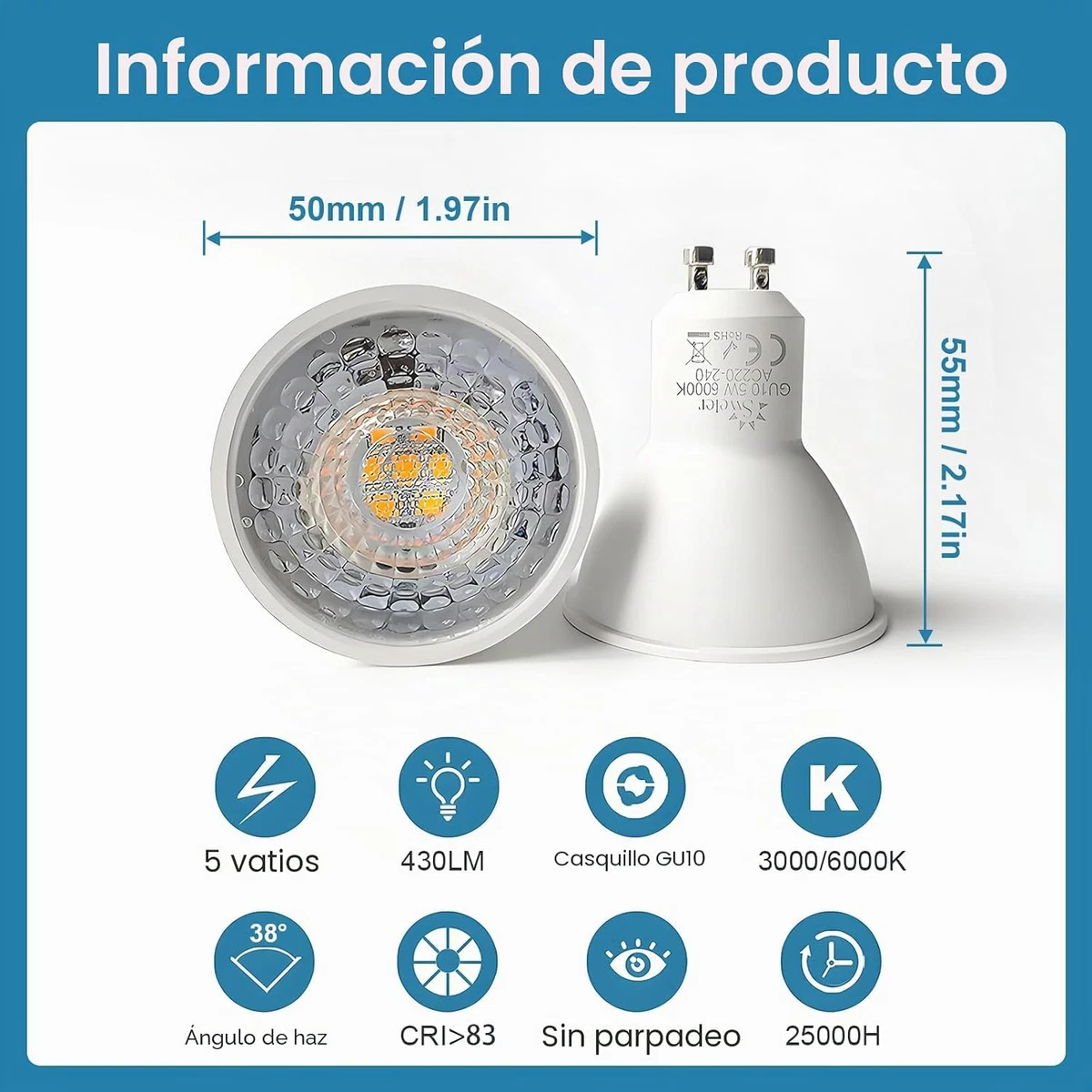 4Xsweier Bombillas LED GU10 5W, Blanco Frío 6000K,50W Foco Halógeno Equivalente,
