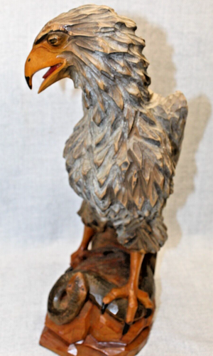 Vintage Hand Carved Wooden Eagle Attacking Snake Large Wingspan - Picture 11 of 16
