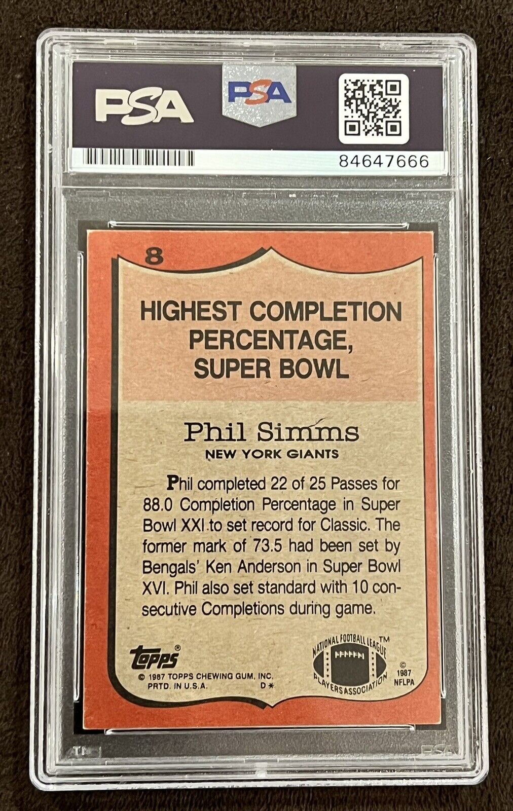 Phil Simms Signed 1987 Topps Record Breaker Card PSA New York Giants SB MVP - Picture 2 of 2