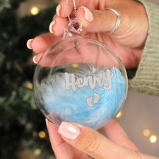 Image of PERSONALISED Pink or Blue Feather Glass Christmas Tree Bauble Custom Ornament