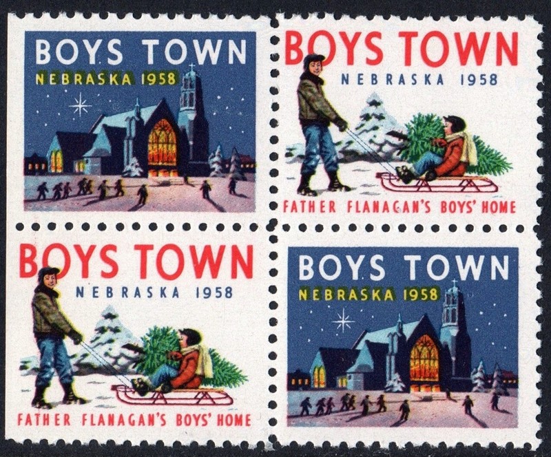 Boys Town Nebraska Christmas Cinderella Block of Four (1958) MNH