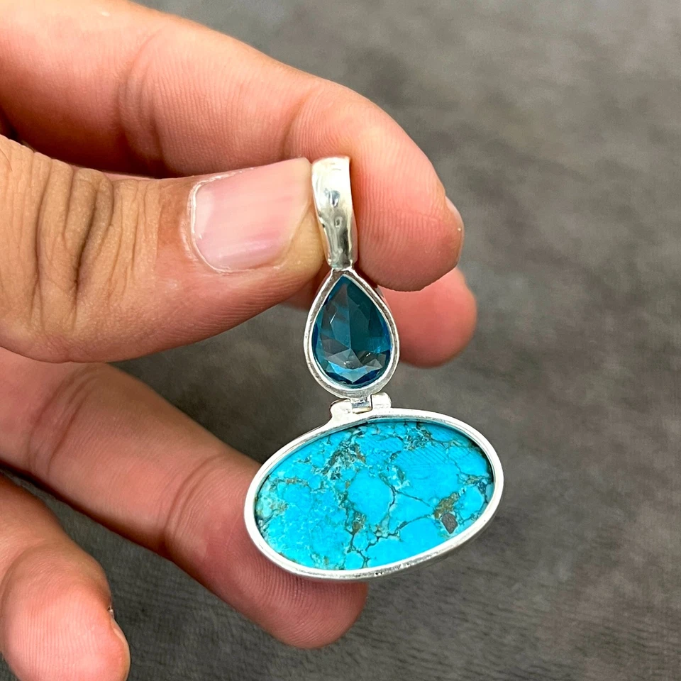 Turquoise Pendant Gemstone 925 Sterling Silver Handmade Jewelry Pendant 2.10" - image 2 of 4