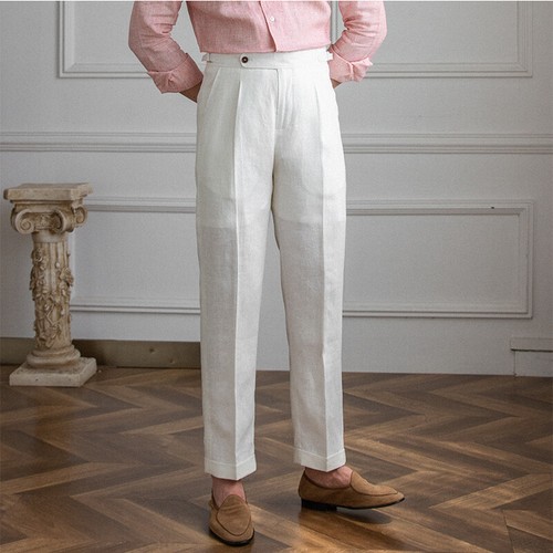 Hombres Verano 100% Lino Pierna Recta Pantalones Nápoles Cintura Alta Pantalones Informales Pantalones - Imagen 25 de 27