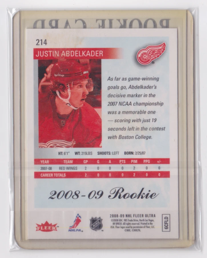 2008-09 FLEER ULTRA ROOKIES INSERT JUSTIN ABDELKADER #214 DETROIT RED WINGS - Image 2 of 2