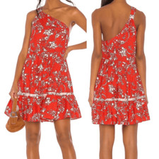 Free People All Mine One Shoulder Mini Dress Floral Print Red Linen Blend Size M