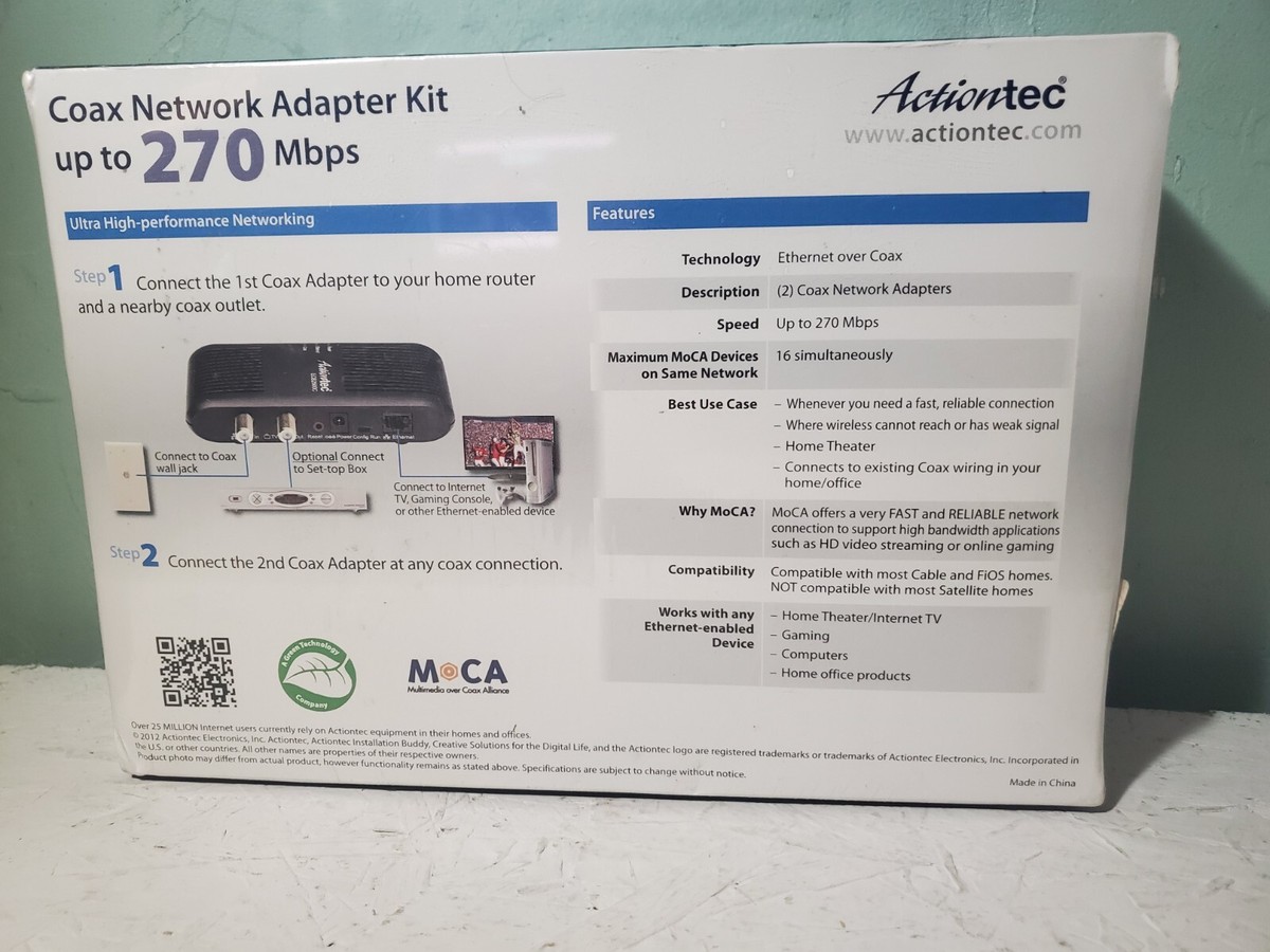 Moca Adapter For Ethernet Over Coax Actiontec ECB2500C MoCA Adapter -  Ethernet Over Coax For Cable TV Homes (270Mbps) Coax Splitter