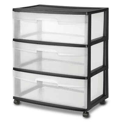 Sterilite Plastic 3 Drawer Cart Wide Tower Black Dorm Portable Storage Rolling