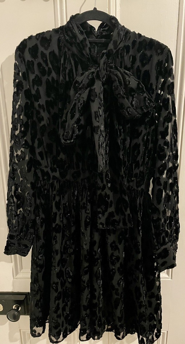 Karl Lagerfeld Paris Black Leopard Print Devore Pussy Bow Dress