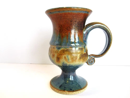 Footed Studio Art Pottery Cup/Mug Handle Drip Glaze Handmade Signed Blue Brown