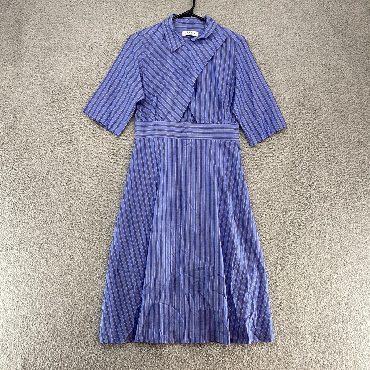 Sandro Dress Womens Striped Robyn Cutout Fit Flare Blue Collared Office  Cotton