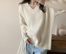 Womens Fashion Winter V Neck Long Sleeve Loose Casual Kniting Pullover Sweaters