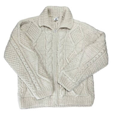 Vintage Ice Ame Full Zip Chunky Sweater Cardigan Ivory Hand Knit Size Large