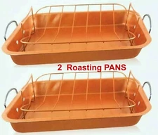2 Copper Roasting Pan Roaster Cookware with Nonstick Rack Lasagna Bake Dish Open