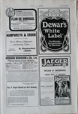 1904 PRINT ADVERTS HUMPHREYS & CROOK - DEWAR'S WHITE LABEL WHISKY - JAEGAR WOOL