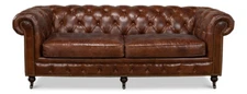 Castered Chesterfield Vintage Cigar Leather Sofa-89'' x 32''H