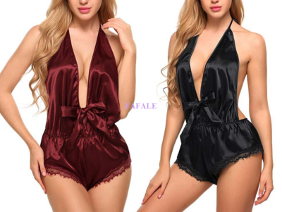 Women Sexy Lingerie Satin Deep V Neck Babydoll Teddy Clubwear Nightwear  Bodysuit