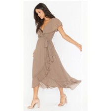 Show me your Mumu Jess Ruffle Midi Dress Dove Gray Chiffon Size Small NWT