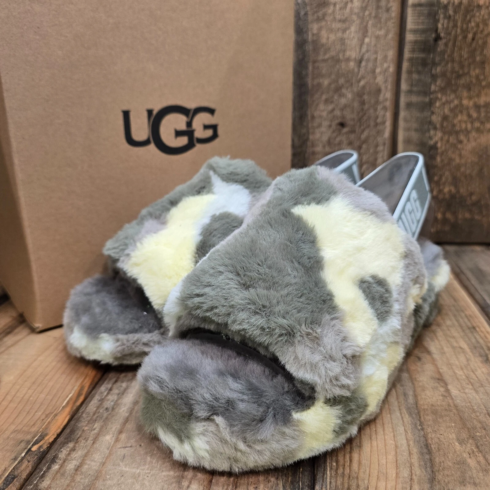 UGG FLUFF YEAH SLIDE SANDALO PANTOFOLA DONNA US 6 CAMOPOP VERDE MUSCHIO SLINGBACK