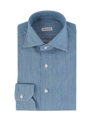 $600 Fiori Di Lusso Light Blue Solid Cotton Shirt - Full - (FL715266)