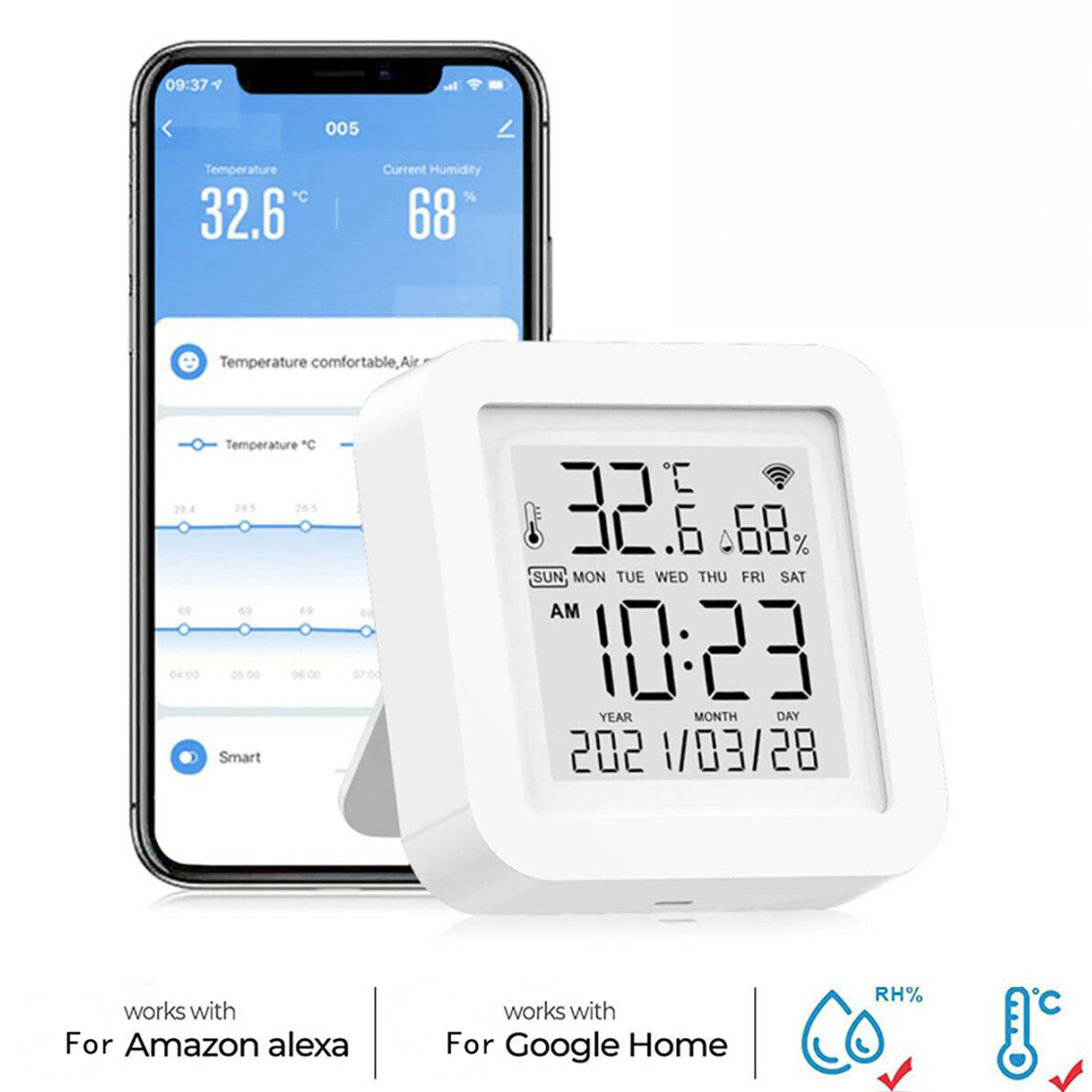 Smart Thermometer Hygrometer Wi-Fi Temperature Humidity Sensor For Alexa/Google