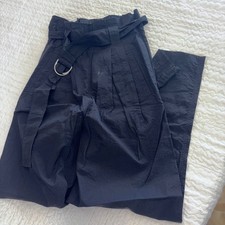 Ganni Black High Waisted Belted Tech Tapered Pants Size 34 Pleated Utility AI.D