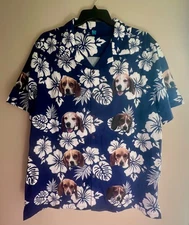 Men's Hawaiian Shirt Sz XL Tropical Flowers Beagle Dogs Button Front Blue White