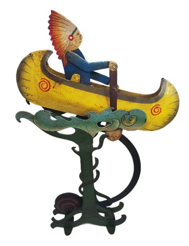 Kinetic Pendulum Native American Indian Chief Rowing Canoe Metal Folk Art A.M.