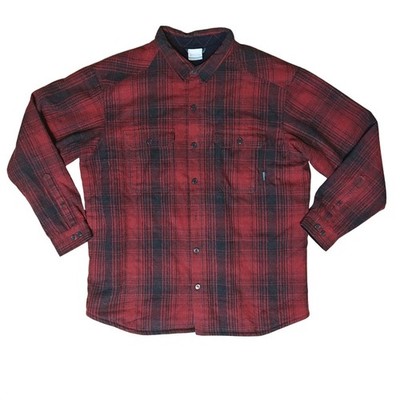 Columbia Flannel Shirt Jacket Mens XXL Red Black Plaid Sherpa Fleece Lined Heavy
