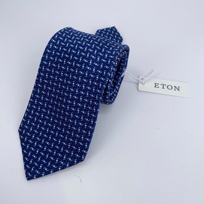 Eton Tie Mens One Size Blue White Micro Print Silk Luxury Necktie Italy Made NWT