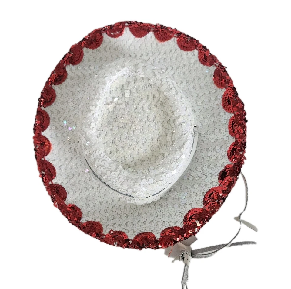 Western Vaquera Lana Fieltro Sombrero Rojo Blanco Lentejuelas Cuero Corbata Disfraz Juvenil 6"x7" Foto 2 de 4