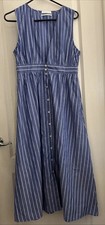 EUC Urban Outfitters White Striped Blue Plunging Button Down Midi Dress Medium