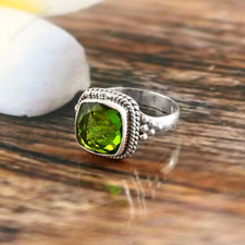 Green Peridot Ring,925 Sterling Silver Ring, Cushion Shape Ring, Midi All Size