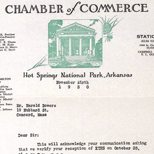 1930 Hot Springs National Park AR Chamber of Commerce Letterhead & Cover