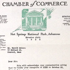 1930 Hot Springs National Park AR Chamber of Commerce Letterhead & Cover