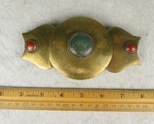 2 Piece Modernist Brass and Stone Buckle Vintage 5-7/8 inch Long Red Green