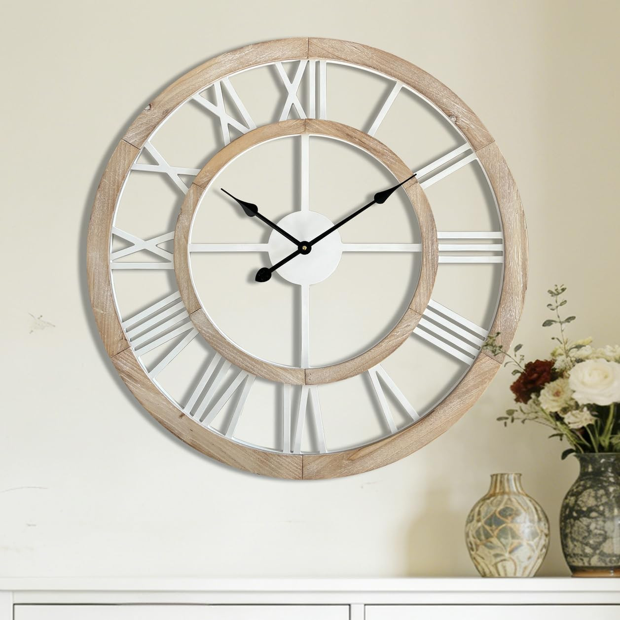 30 Inch Oversized Rustic Wall Clock Silent Non-Ticking Wooden Wall Clocks with R